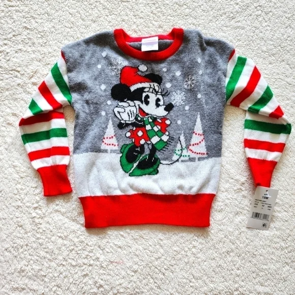 NEW baby girl holiday Christmas Minnie mouse ugly sweater size 12 and 18 months - Picture 1 of 3